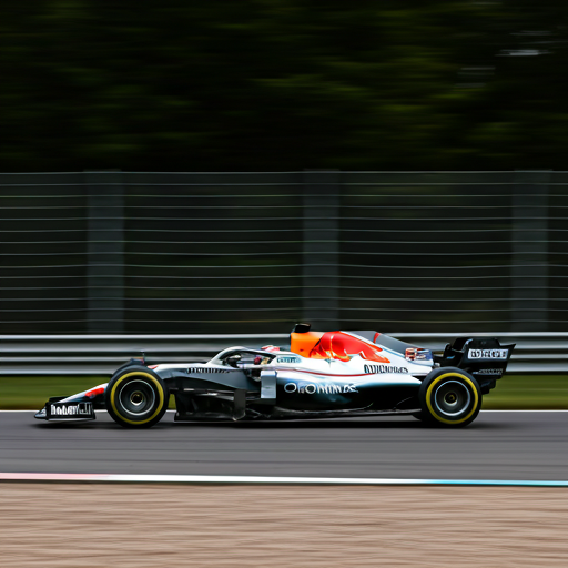 F1 car speeding on a track with motion blur effects